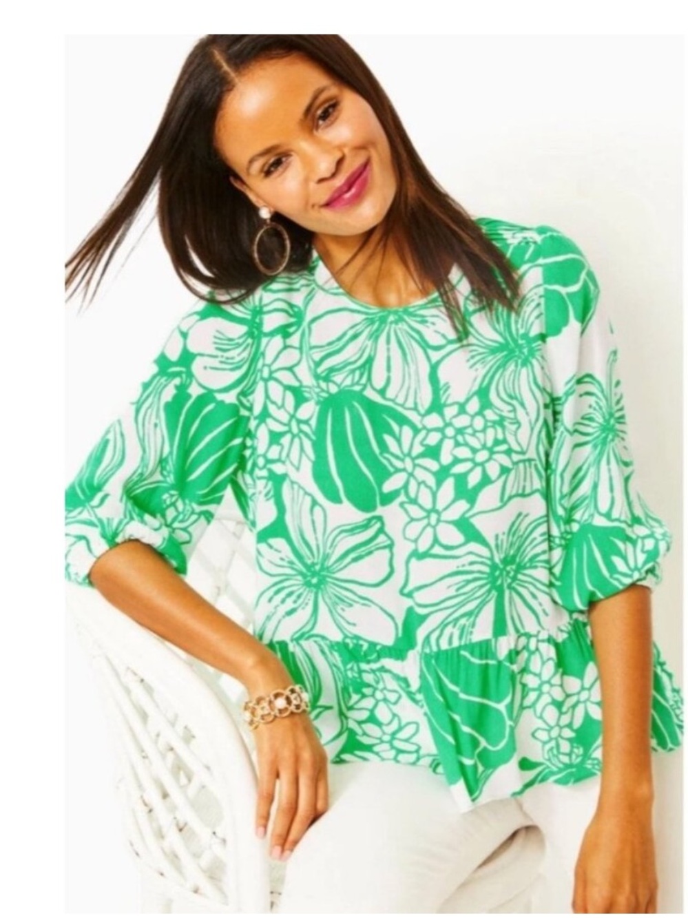 Lilly Pulitzer Floral Green & White Aramea 3/4 Sleeve Top Kiss my Tulips